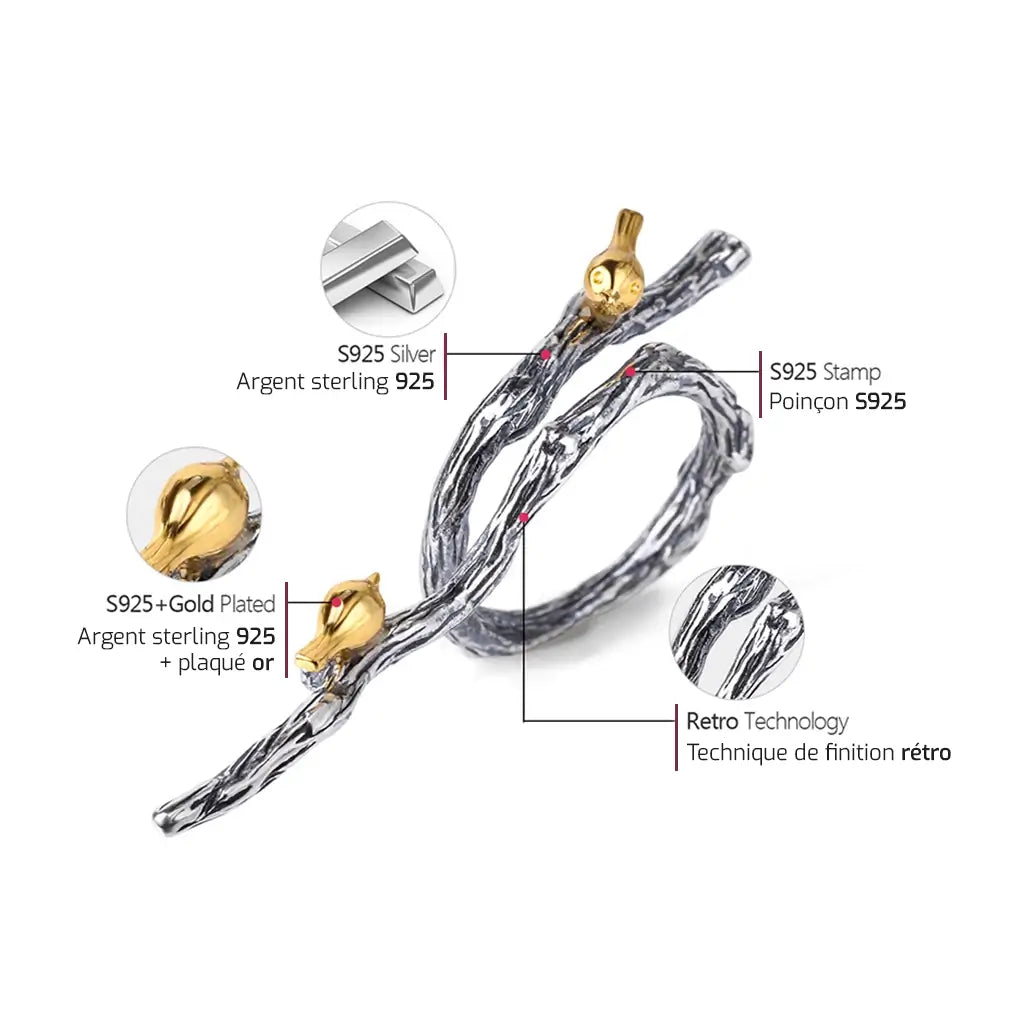 Schéma explicatif de la Bague branche indiquant l’argent 925, le plaquage or, et la technique de finition rétro.
