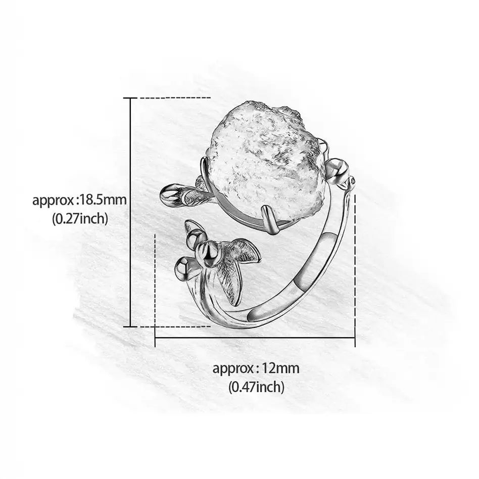 Dessin technique de la Bague de l’Eau en argent 925 avec aquamarine brute, montrant les proportions et la structure du bijou.