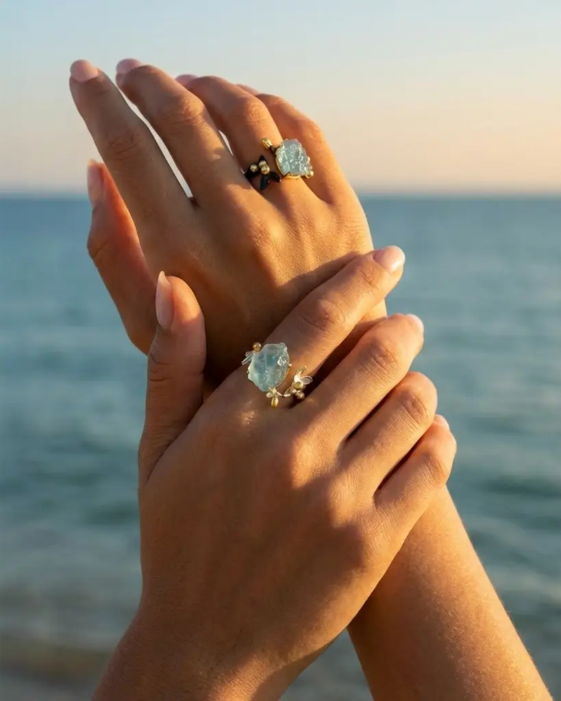 Bague de l’Eau en argent 925 portée sur la main, avec l’océan en arrière-plan, illustrant une ambiance naturelle et solaire.