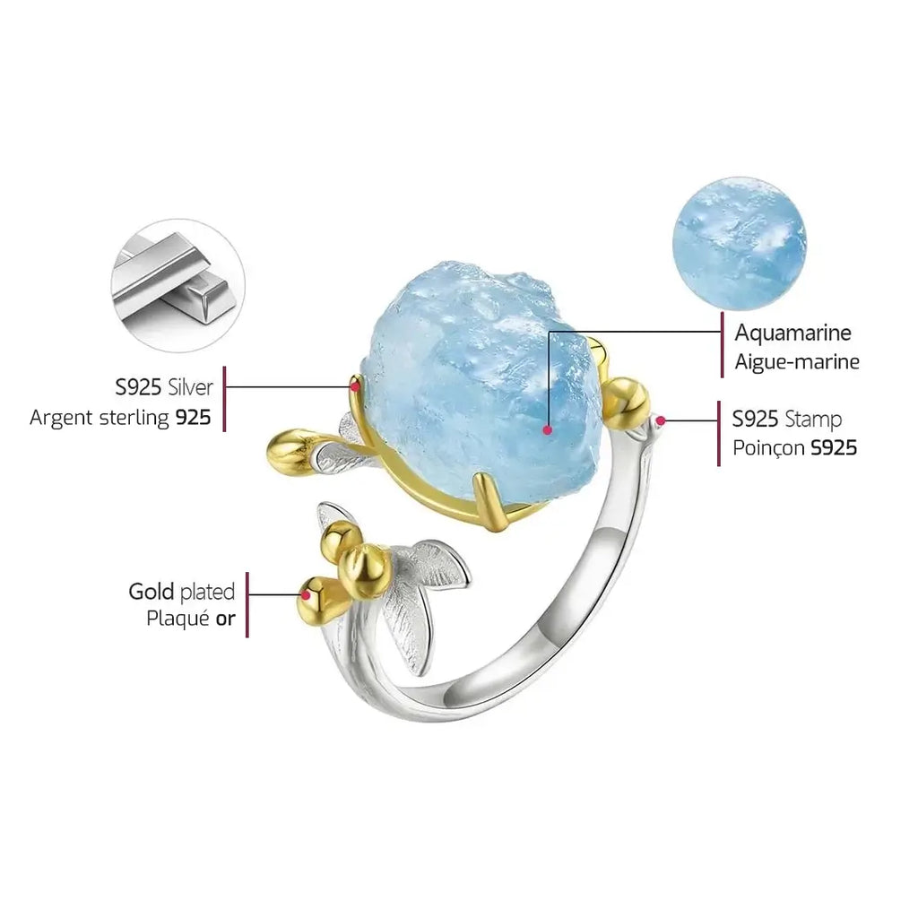 Schéma explicatif de la Bague de l’Eau indiquant l’argent 925, la finition dorée et l’aquamarine brute naturelle.
