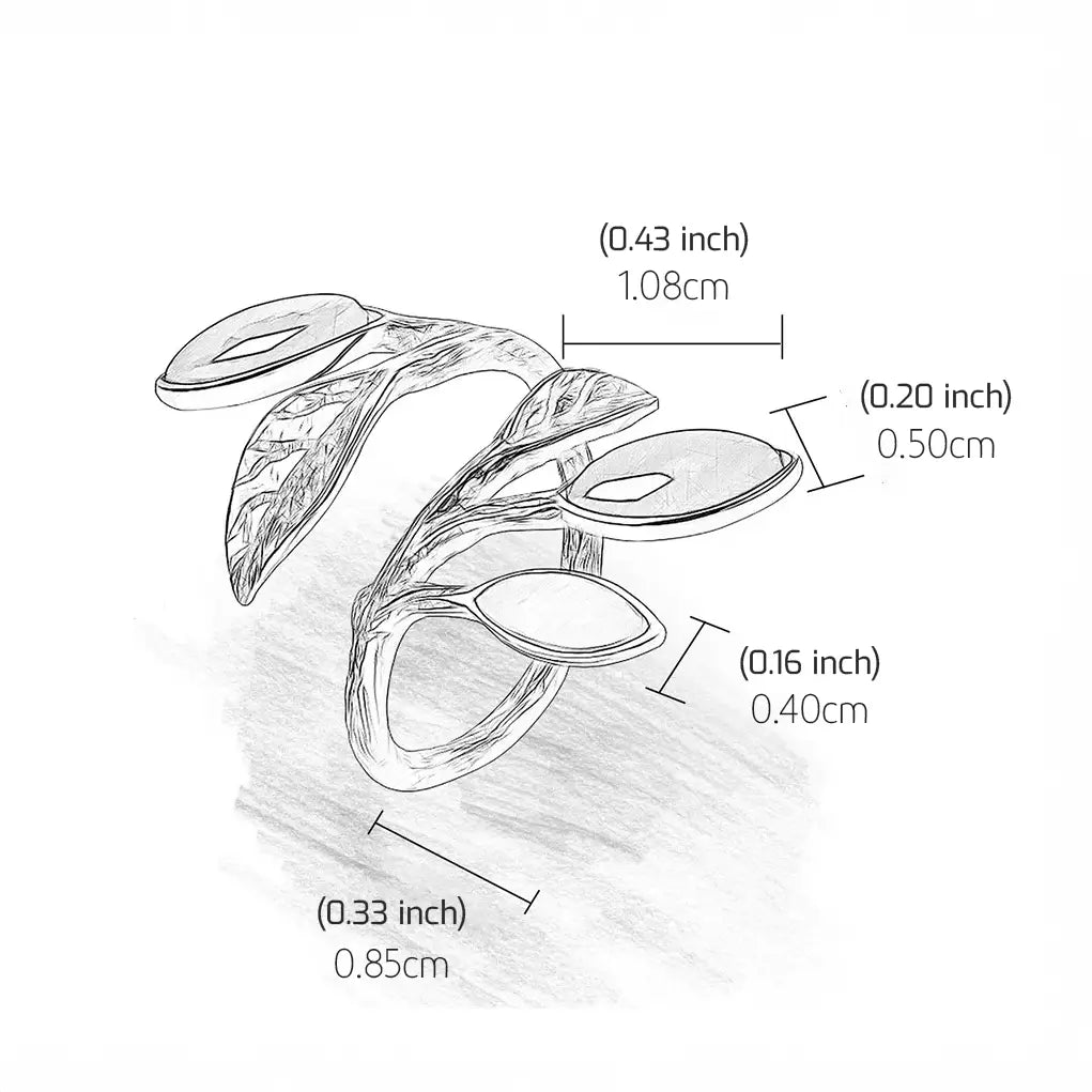 Dessin technique de la bague feuillage en argent 925 indiquant les dimensions et proportions du bijou.
