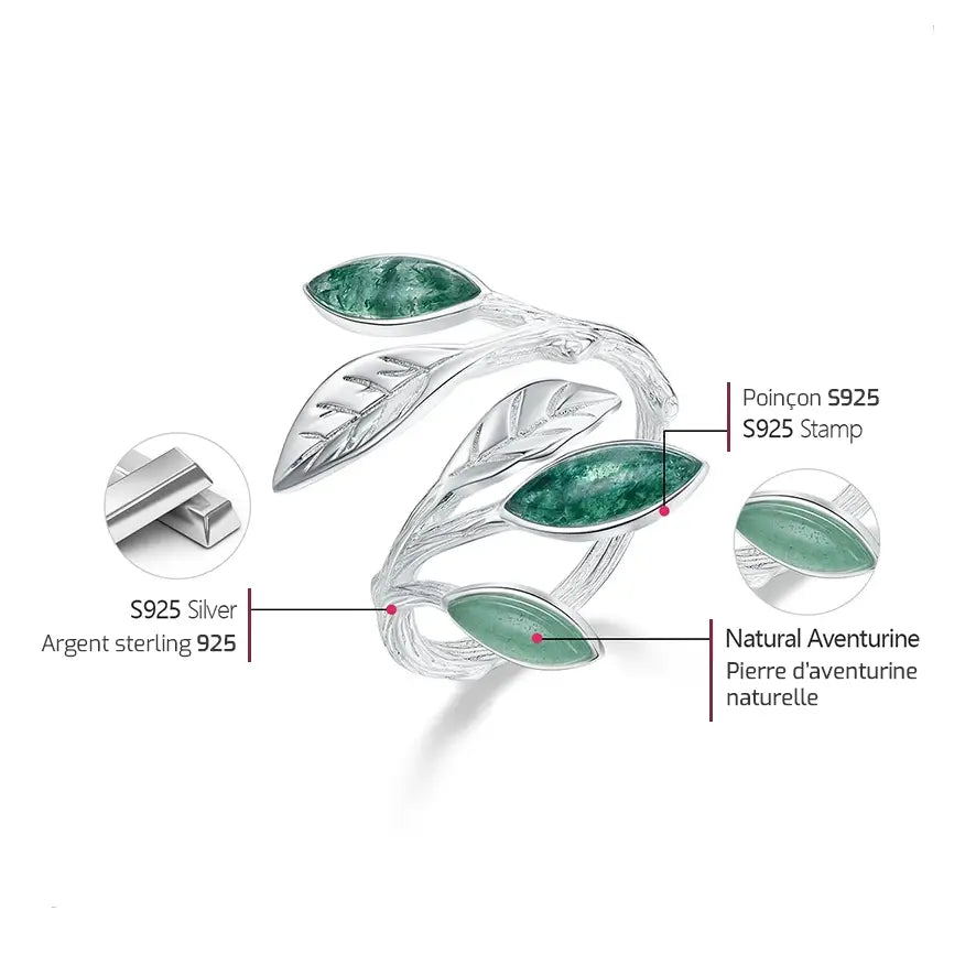 Schéma explicatif de la bague feuillage en argent 925 avec aventurine verte naturelle et détails des matériaux.