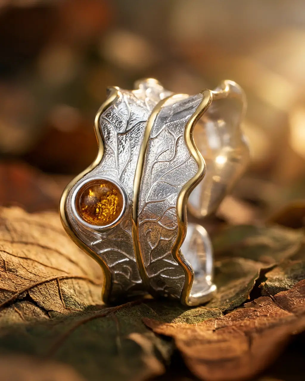 Bague feuille en argent 925 avec pierre naturelle tourmaline orange, mise en scène sur écorce et feuillage dans une ambiance végétale.