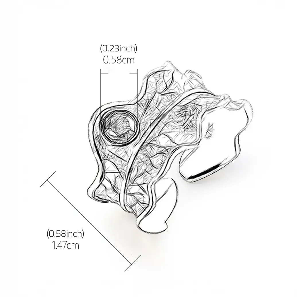 Dessin technique de la bague feuille argent 925 montrant les dimensions et la forme de la pierre tourmaline.