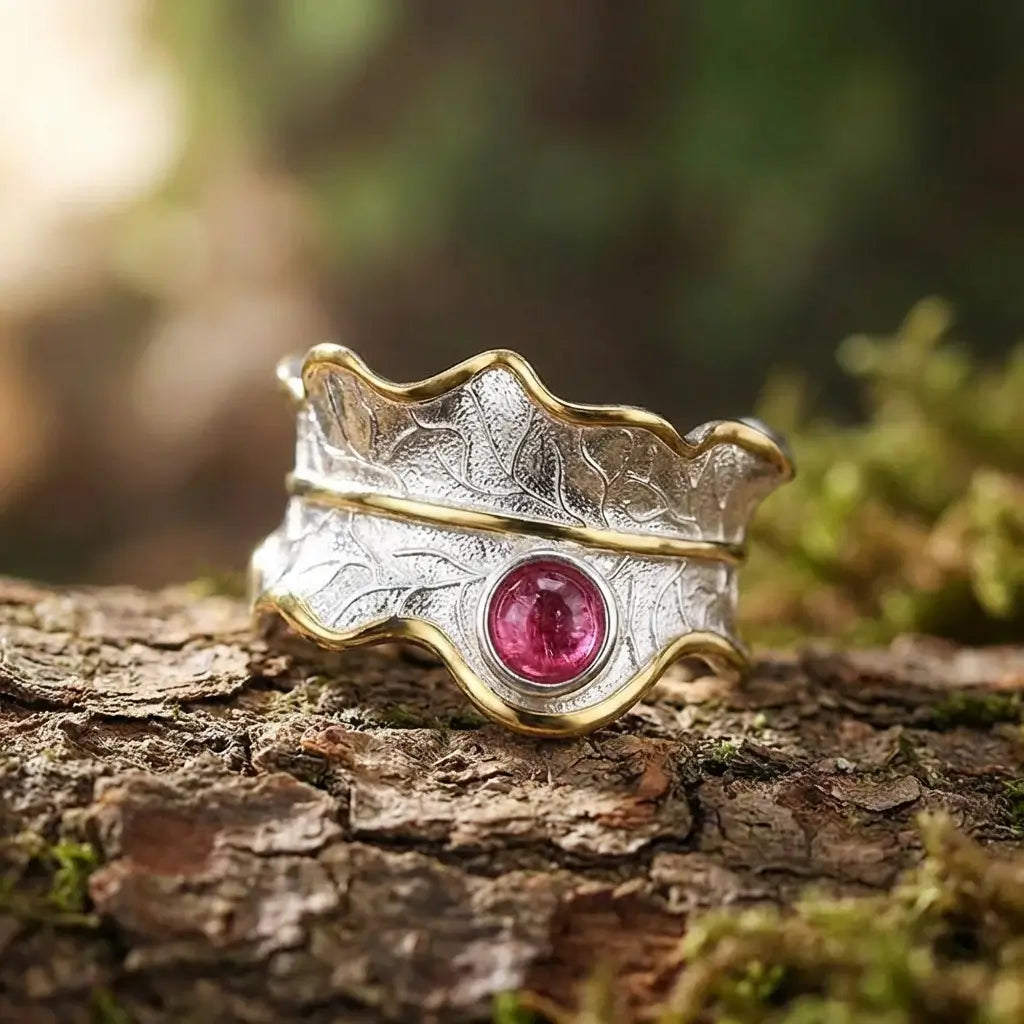 Bague feuille en argent 925 avec tourmaline naturelle rose posée sur du bois, ambiance forêt et matière brute.
