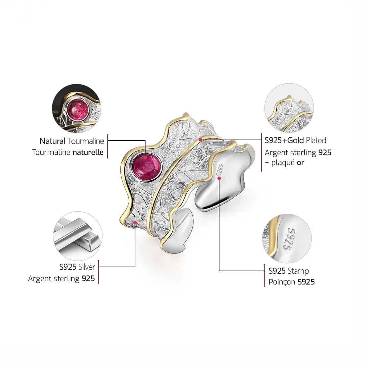 Schéma explicatif de la bague feuille en argent 925 avec pierre naturelle tourmaline et détails des matériaux.
