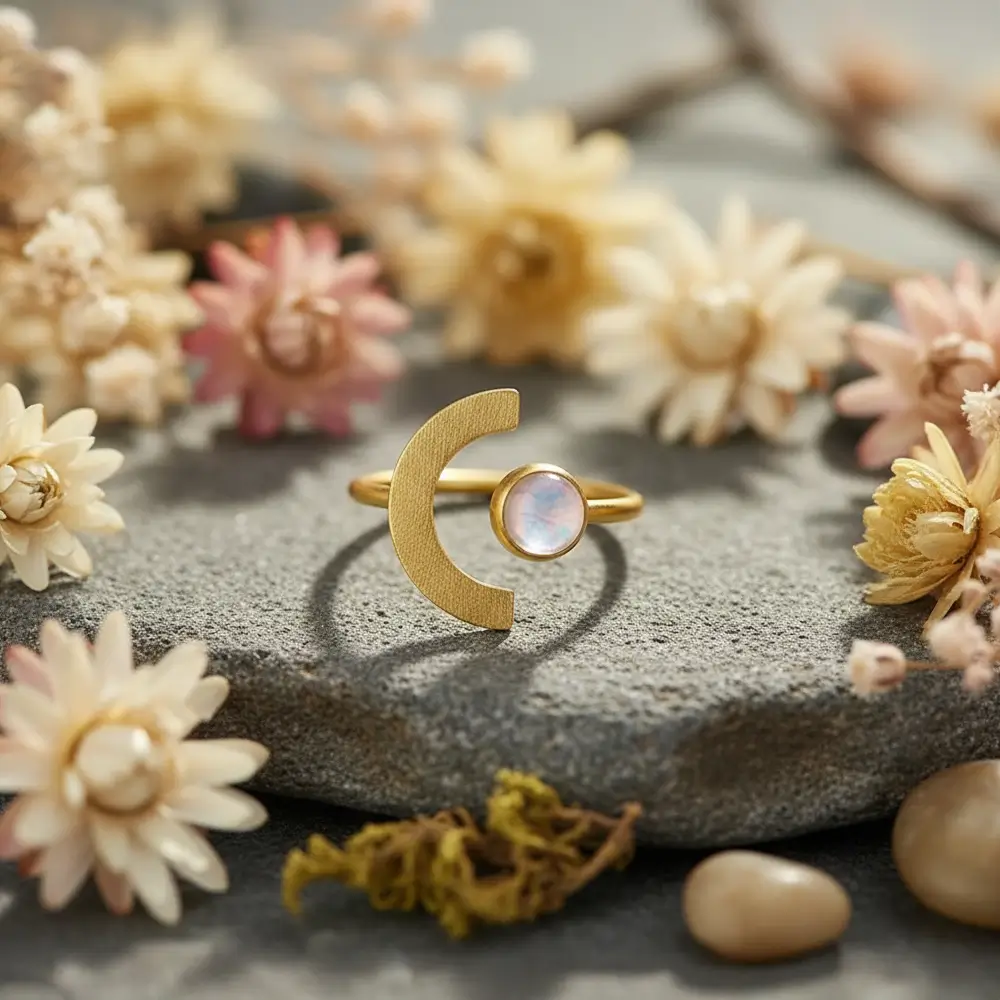 Bague Lune de Terre en argent 925 et émail glacé posée parmi des fleurs séchées, ambiance douce et artisanale.