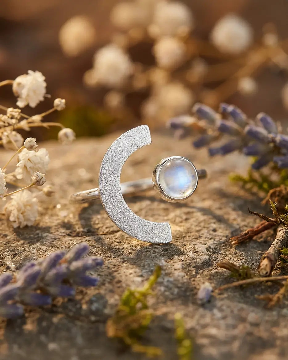 Bague Lune de Terre en argent 925 et émail glacé mise en scène sur un décor végétal aux tons naturels et minéraux.