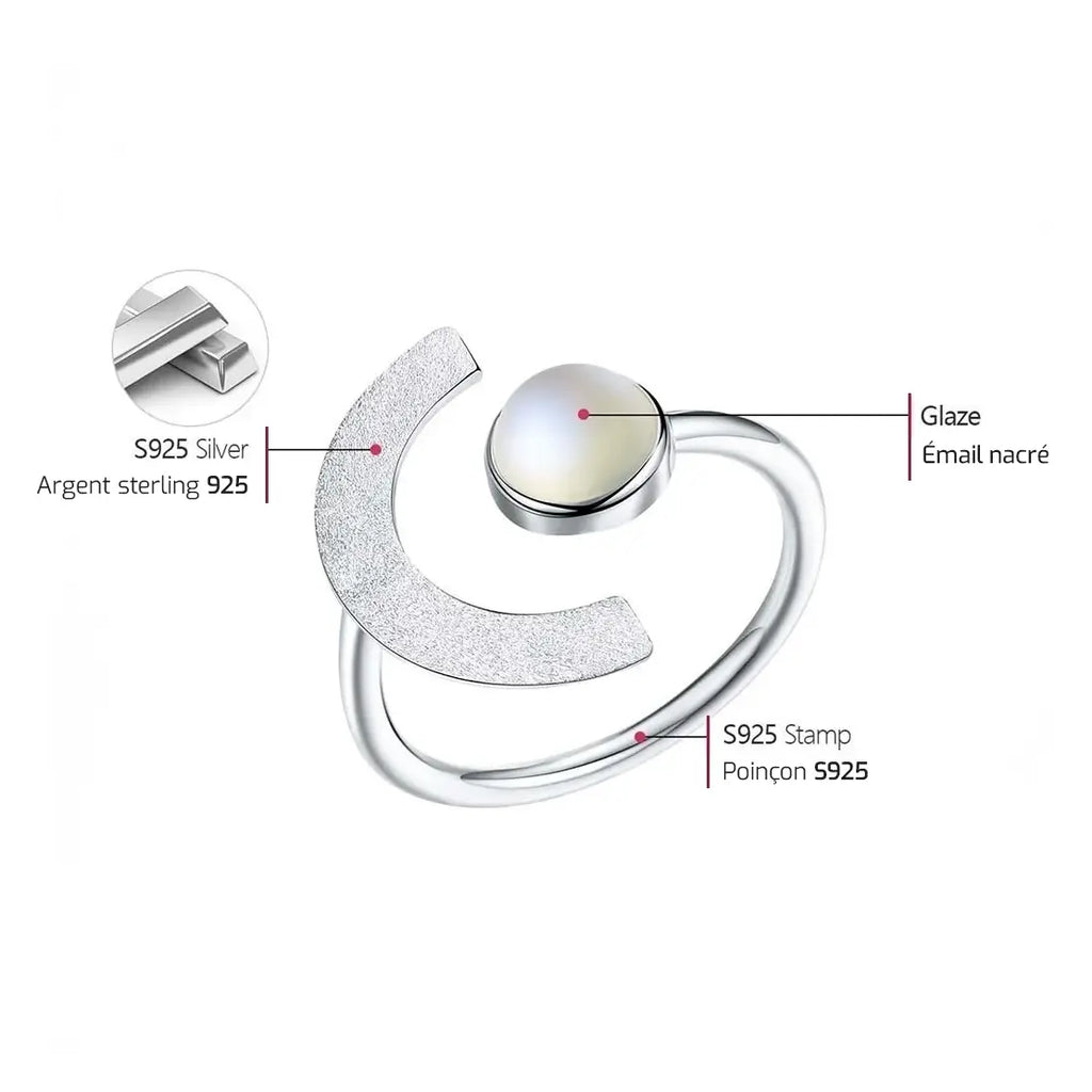 Schéma explicatif de la bague Lune de Terre montrant l’argent 925 et l’émail glacé avec détails de fabrication.