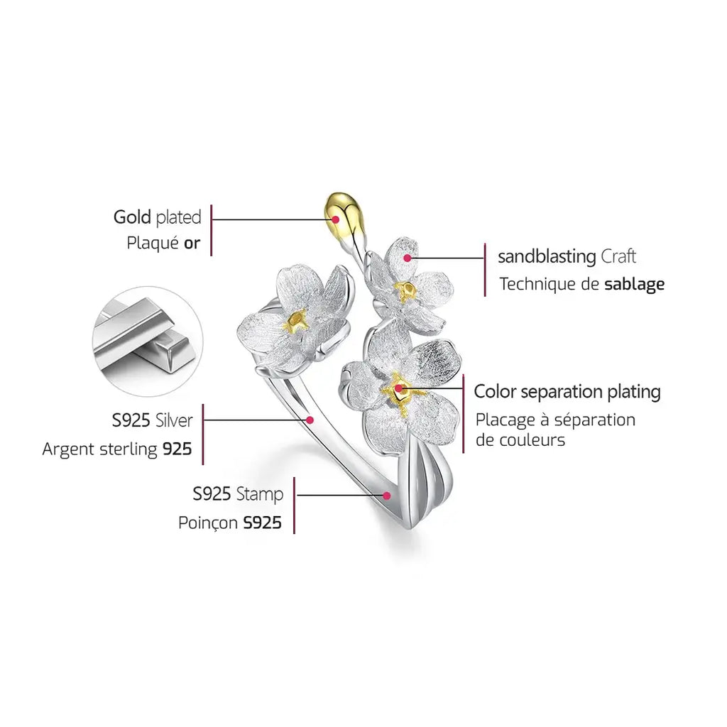 Schéma de composition de la bague trois fleurs ajustable en argent 925, détails matériaux et finitions.