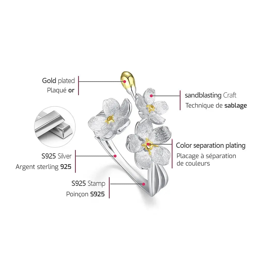 Schéma de composition de la bague trois fleurs ajustable en argent 925, détails matériaux et finitions.