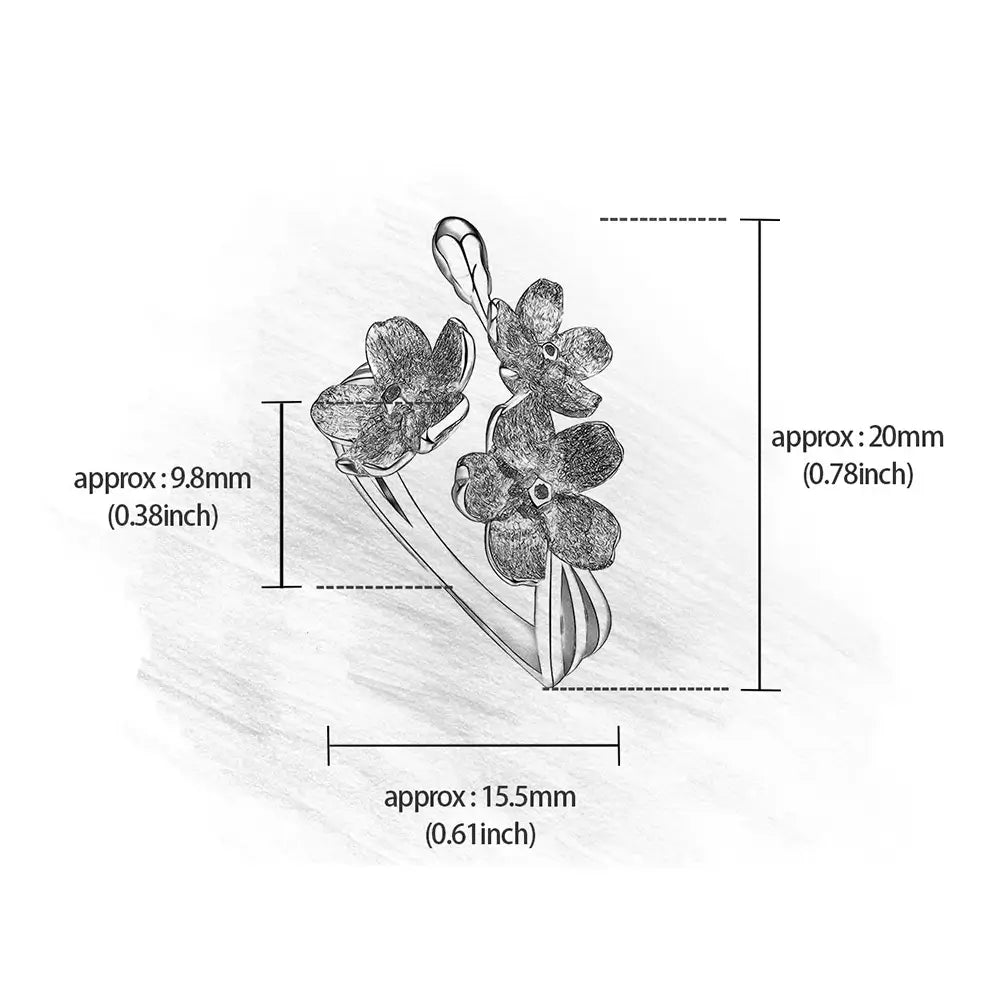 Schéma des dimensions de la bague trois fleurs ajustable en argent 925.