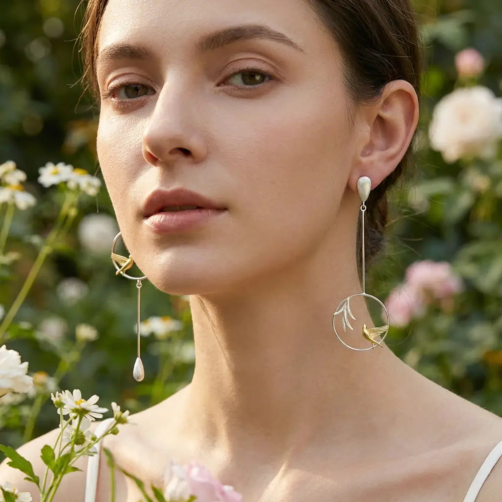 Boucles d’oreilles asymétriques Chant du Matin en argent 925 portées, mise en scène lifestyle douce et naturelle, vue sur le visage entier.