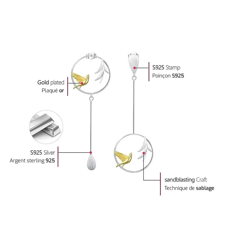 Schéma technique des boucles d’oreilles Chant du Matin en argent 925 présentant les matériaux et finitions.