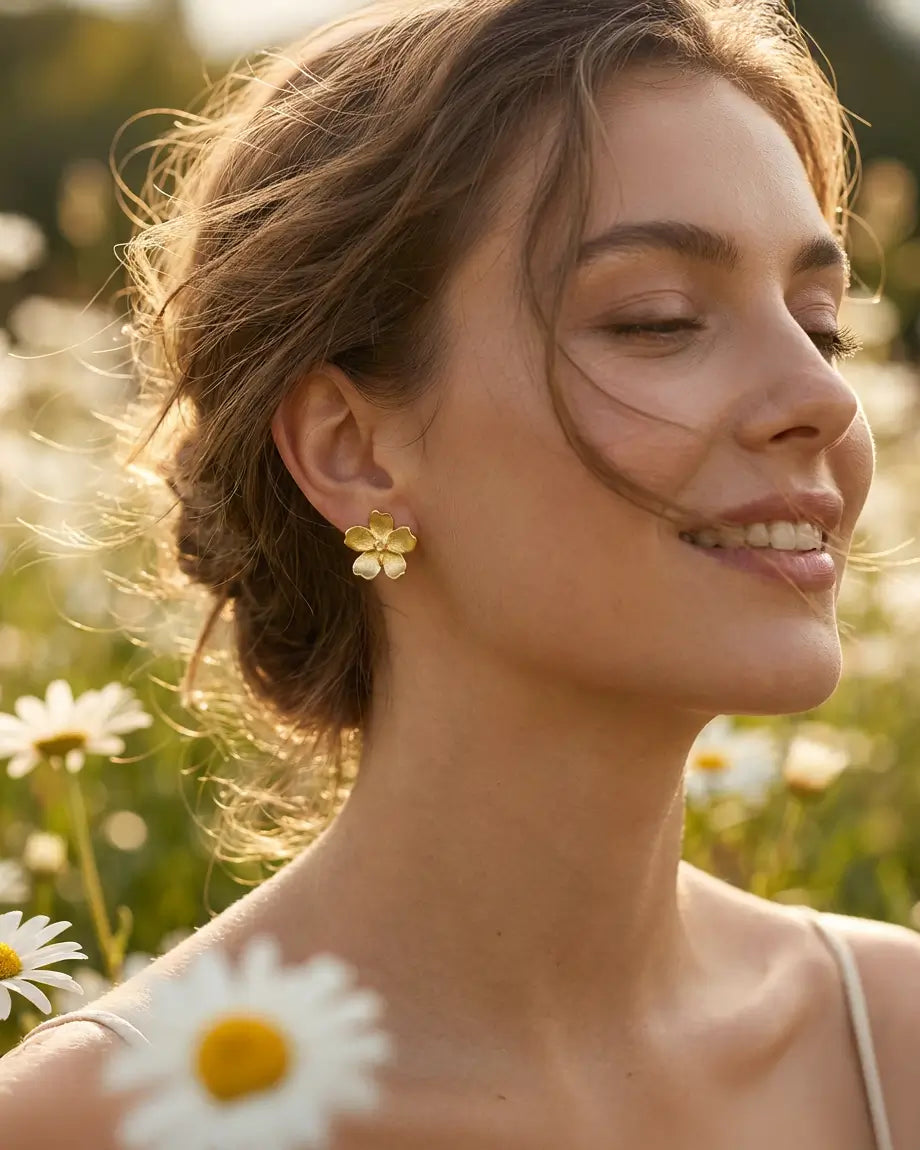 Boucles d’oreilles pâquerette en argent doré et émail blanc portées par une femme, style lumineux et naturel en extérieur.
