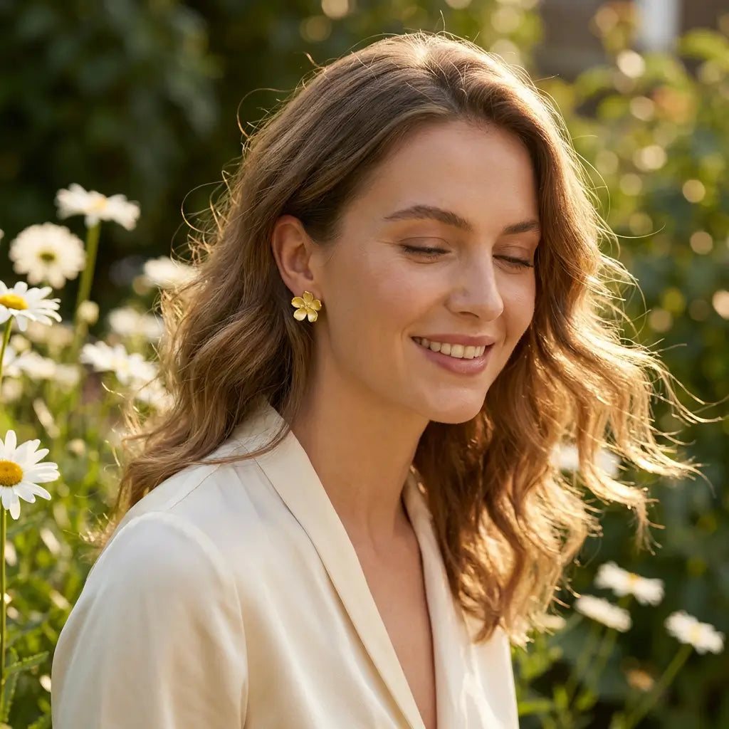 Boucles d’oreilles pâquerette en argent doré et émail blanc portées en extérieur, ambiance florale et élégante.