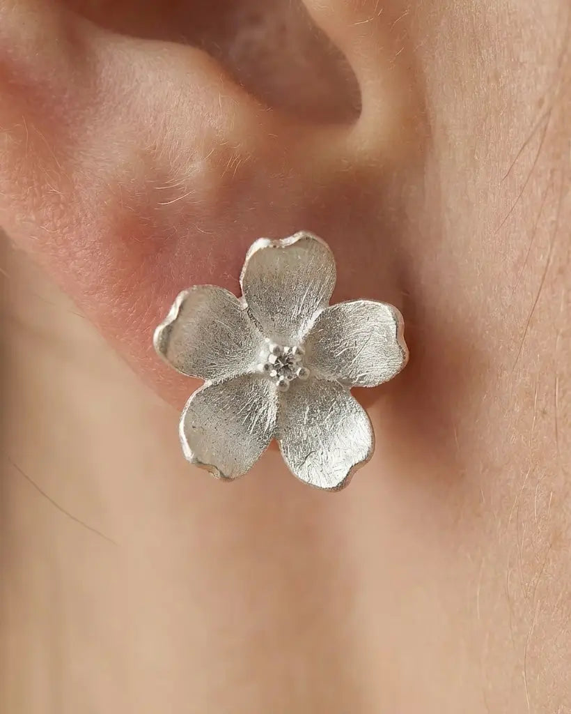 Gros plan sur des boucles d’oreilles pâquerette en argent et émail blanc, mettant en valeur la texture et les pétales.
