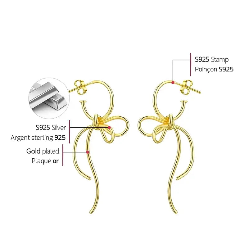 Schéma des boucles d’oreilles volutes montrant l’argent sterling 925, la finition or et les techniques de fabrication.