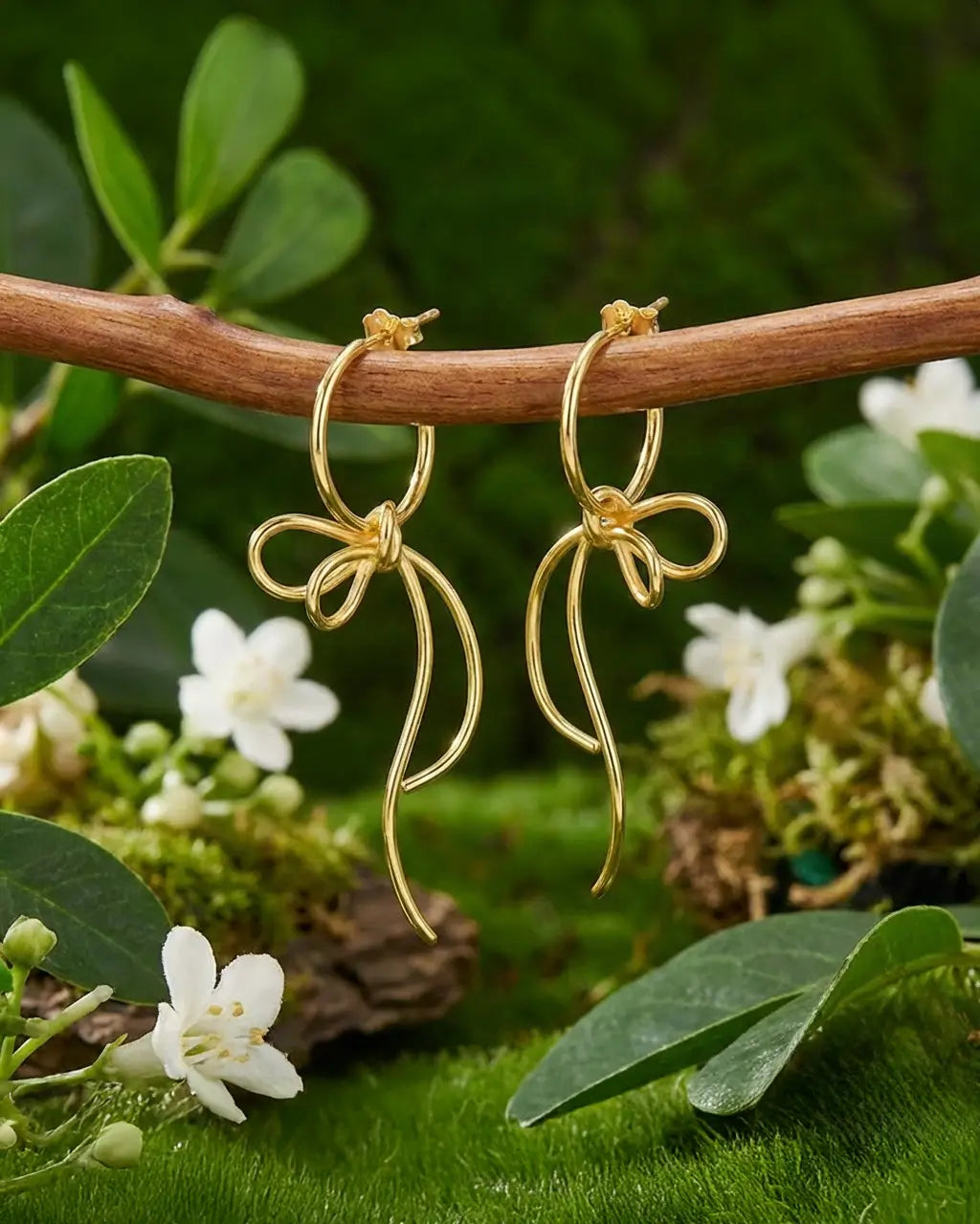 Boucles d’oreilles volutes argent 925 finition or suspendues à une branche, inspiration nature et mouvement du vent.
