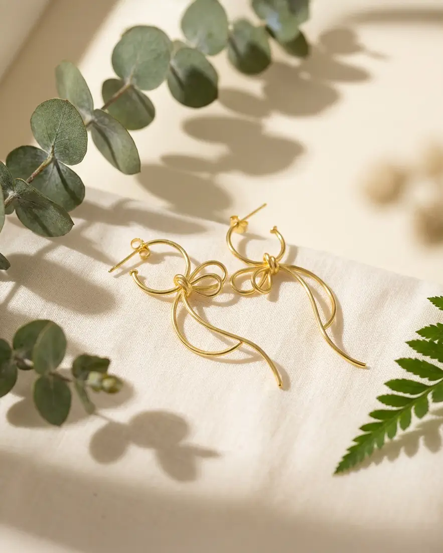 Boucles d’oreilles volutes en argent 925 avec finition or, mises en scène sur fond naturel végétal, esprit léger et poétique.