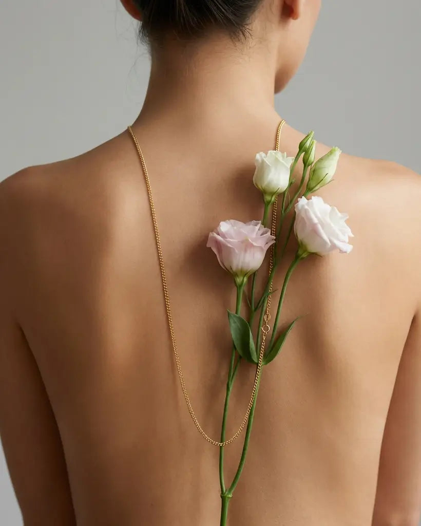 Chaîne minimaliste en argent 925 portée sur le dos, mise en scène florale et naturelle.
