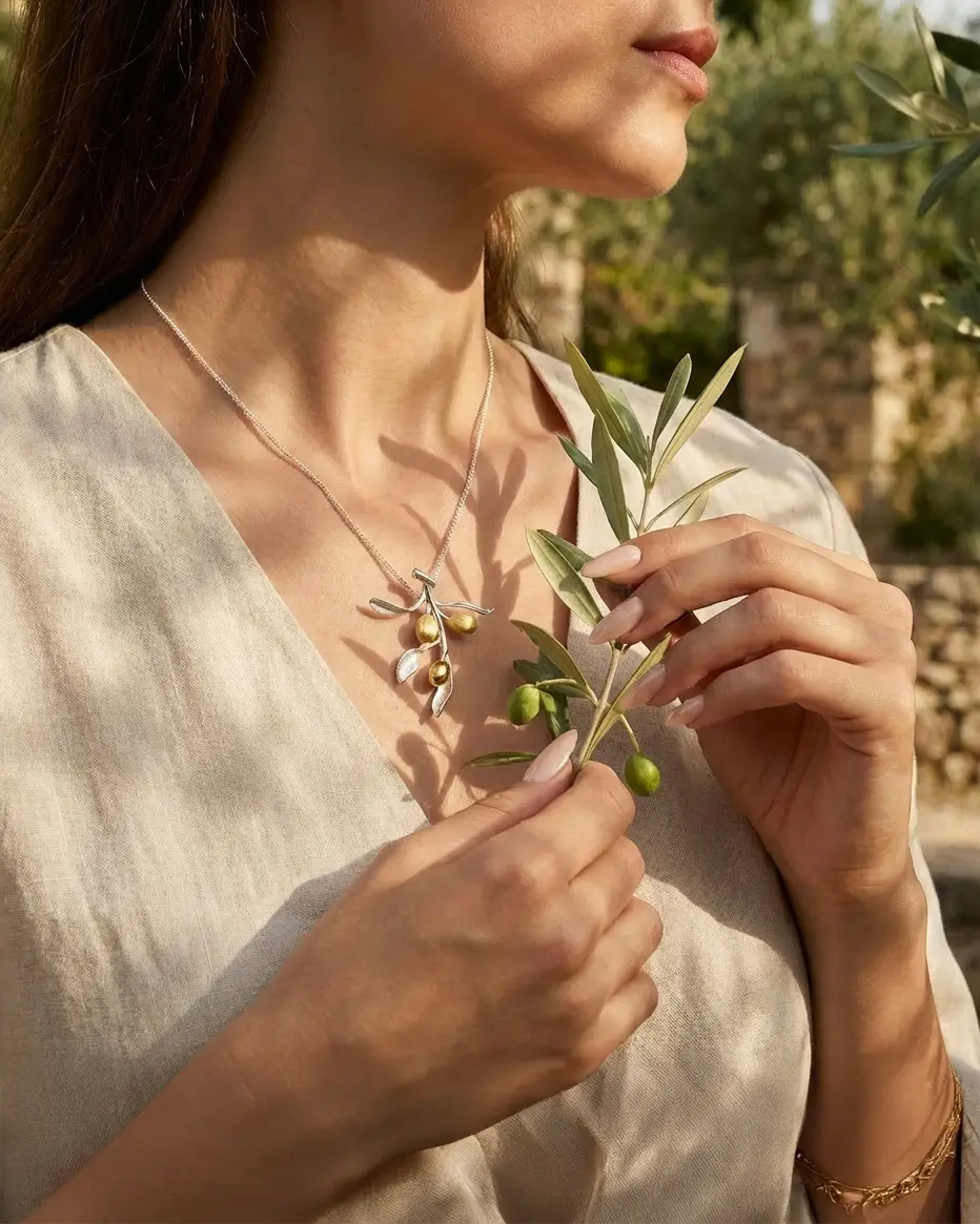 Collier branche d’olivier en argent et doré porté par une femme, bijou symbolique au style naturel et élégant.