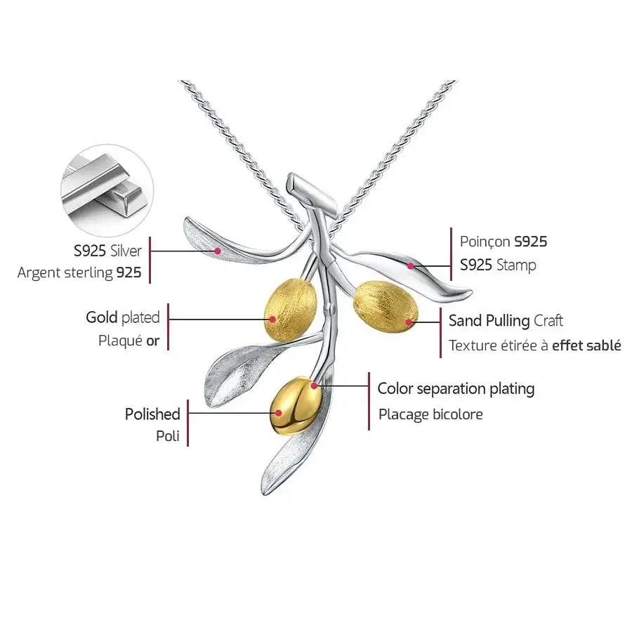Schéma explicatif du collier branche d’olivier montrant l’argent 925, la finition dorée et les détails de fabrication.