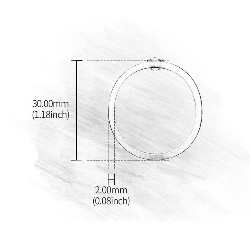 Schéma des dimensions des créoles organiques en argent 925 indiquant le diamètre et l’épaisseur.