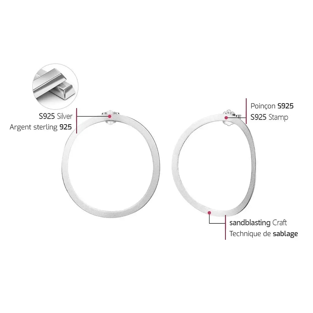 Schéma des créoles organiques en argent 925 montrant le poinçon, la fabrication et les détails techniques.
