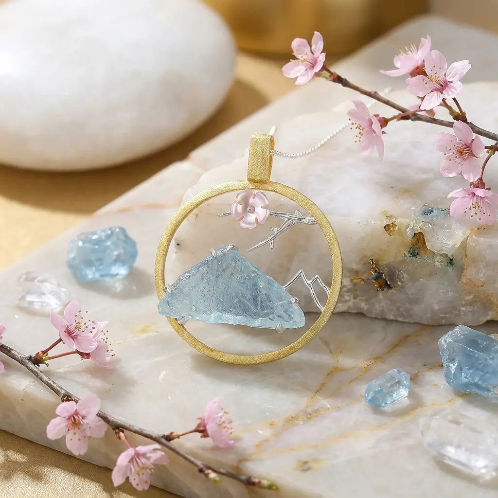 Médaillon floral du sommet en argent et or avec pierre bleue, présenté dans une composition minérale et florale.