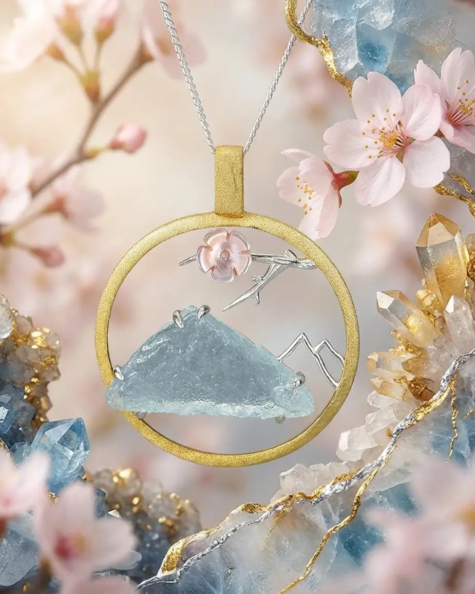 Médaillon floral du sommet en argent et or avec pierre bleue, inspiré de l’horizon céleste et des fleurs de cerisier.